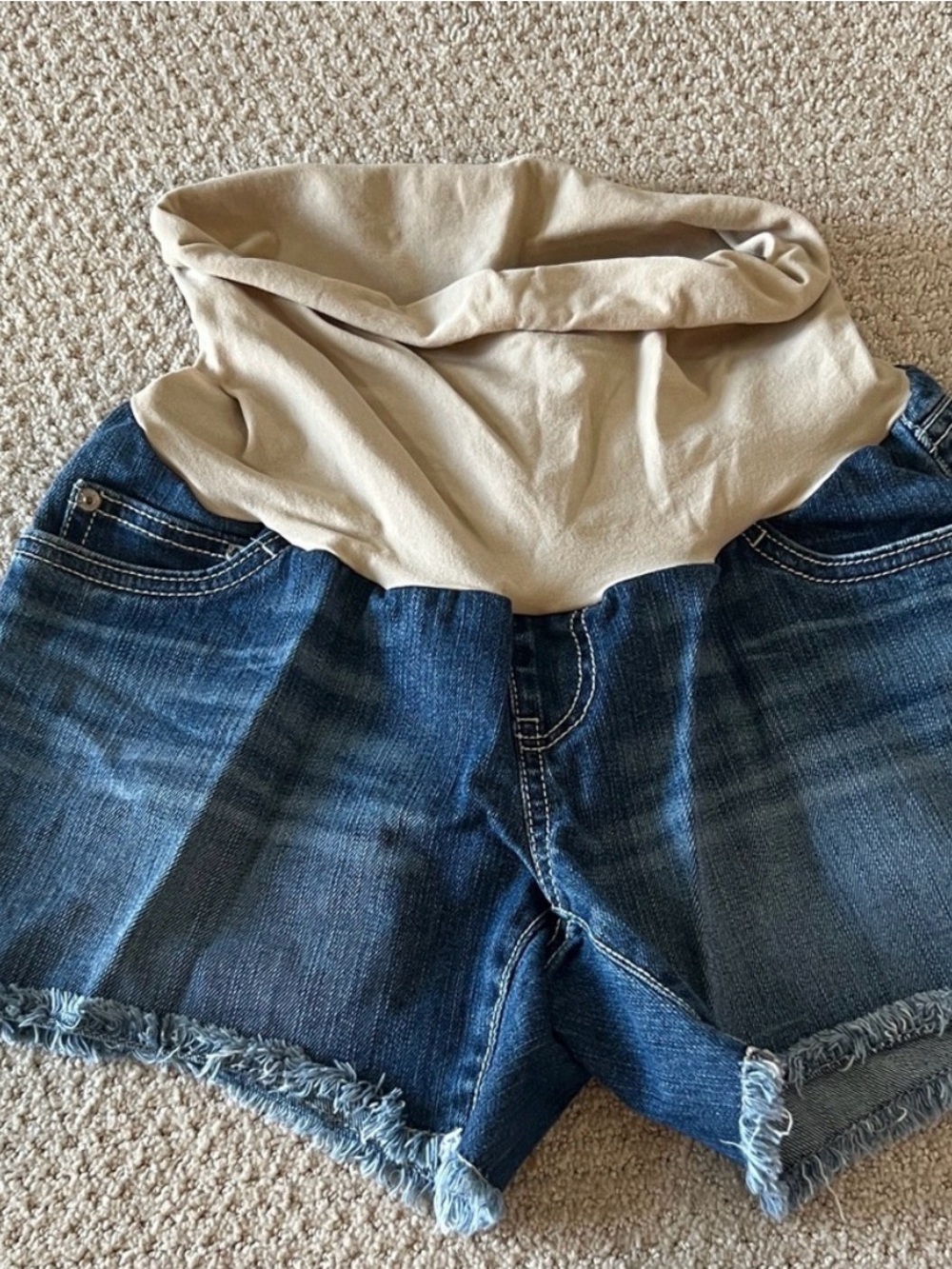 Indigo Blue Dark Blue Denim Maternity Shorts with Beige Overband